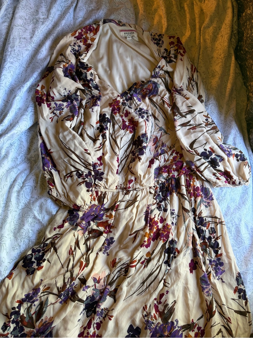 Andree Cream Floral V-Neck Long Sleeve Midi Dress